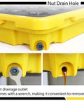 Close-up of yellow Spill Containment Tray With Drain For Industrial Drums Anti Leak Plastic Pallet with wrench and oil drainage