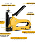 Heavy Duty 4 In 1 Upholstery Staple Gun With 4000 Staples And 1000 Pins, yellow body with black handle and adjustable features
