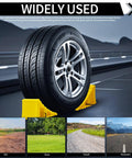 4 Pack Heavy Duty Non Slip Wheel Chocks With Rope For Camper RV Trailer And Trucks Yellow Plastic Wheel Stoppers Block With 16 Anti Slip Pads placed under tire on road.