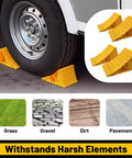 Heavy Duty Wheel Chocks For Travel Trailers And RVs Yellow 4 Pack Non Slip Lightweight Two Wheel Stopper Set For Cars Campers And Trucks With Grab And Go Carry Design By HOXWELL securing tire on pavement