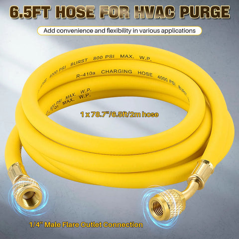 6.5ft refrigeration hose for HVAC use with nitrogen gas regulator HVAC and 1/4 inch male flare outlet connection.