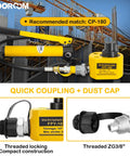 10 Ton Beefy Hydraulic Cylinder With 1.0 Inch Stroke Porta Power Ram, yellow finish, shown with quick coupling and threaded locking in construction setting