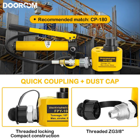 10 Ton Beefy Hydraulic Cylinder With 1.0 Inch Stroke Porta Power Ram, yellow finish, shown with quick coupling and threaded locking in construction setting