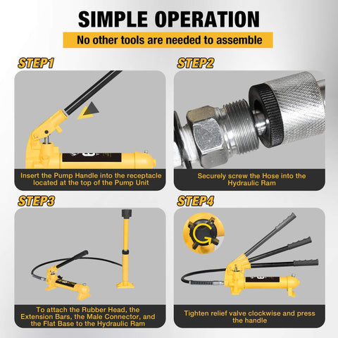 Simple assembly steps for the 6 Ton Porta Power Kit Hydraulic Ram Pusher Puller shown with tools and connections.