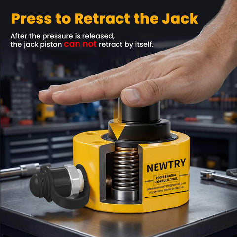 Person pressing 10 Ton Hydraulic Ram Jack With Low Profile Multi Section Cylinder 1 Inch Total Stroke Portable Workhorse for machinery bridges and construction projects Newtry.