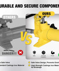 Comparison of gray and yellow 6 Ton Porta Power Kit Hydraulic Ram Pusher Puller for Auto Body Frame Repair in Garage or Shop.
