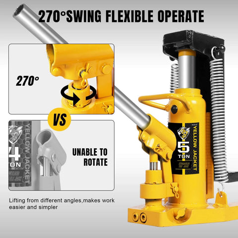 Heavy Duty Toe Jack 2.5 Ton With 5 Ton Top Lift For Cars And Machinery, Air Hydraulic Claw Jack by Yellow Jacket showing 270-degree flexible operation