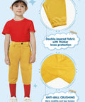 Kids Knicker Baseball Pants For Tee Ball And Softball Practice With Belt Loops Youth Short Knickers For Boys And Girls Knicker Style Elastic Hem Below The Knee Bright Yellow 2T 3T 4T 5T with double-layered fabric, worn by a young child in a red shirt and cap.