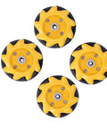 Four yellow and black Mecanum Wheel, Omni Wheel, Practical TT Coupling, Strong, Firm, Smart Car wheels for DIY smart car accessories.