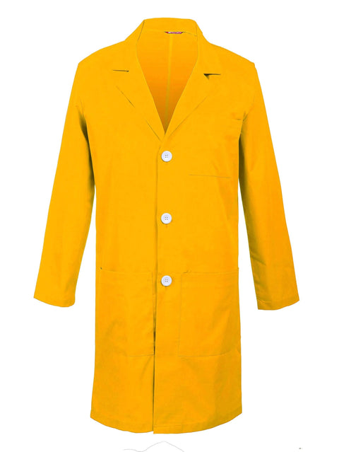 Yellow Men's Lab Coat With Vented Back And Chest Pocket, 65 Percent Polyester And 35 Percent Cotton Twill, Notched Collar