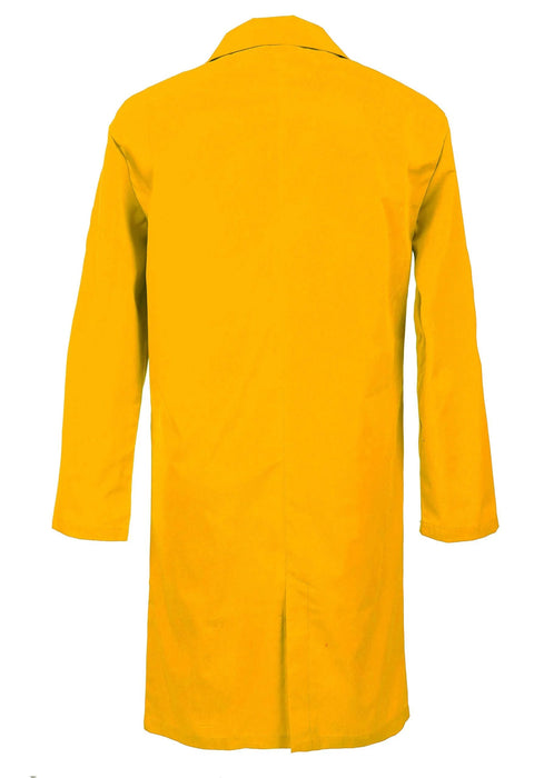 Back view of Yellow Men's Lab Coat With Vented Back And Chest Pocket, 65 Percent Polyester And 35 Percent Cotton Twill, Notched Collar.