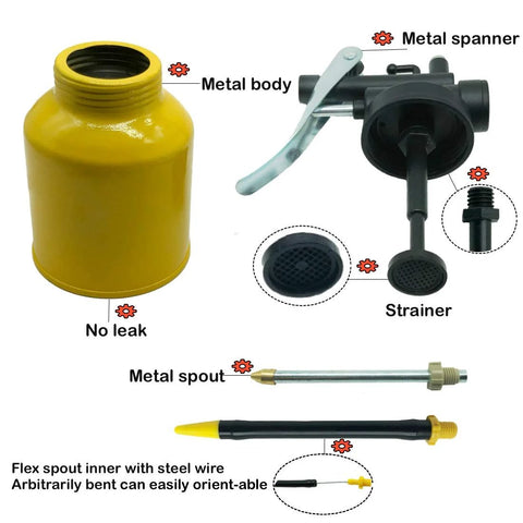 Two Pack Metal Yellow Pump Oil Can With Three Spouts For Precise Lubrication In Tight Gaps Flexible High Pressure Nozzle Ergonomic Curved Trigger Handle Durable Oiler Sprayer For Machinery Automotive DIY Projects And General Maintenance parts illustration
