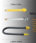Three spout attachments for two pack metal yellow pump oil can with three spouts for precise lubrication in tight gaps.