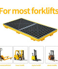 2 Drum Modular Spill Containment Pallet With 2000 Lbs Capacity shown with forklifts, UV stabilized polyethylene tray, OSHA EPA compliant