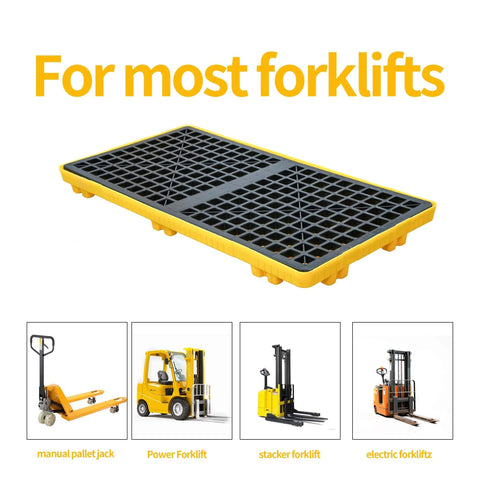 2 Drum Modular Spill Containment Pallet With 2000 Lbs Capacity shown with forklifts, UV stabilized polyethylene tray, OSHA EPA compliant