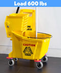 Yellow mop bucket with Four Piece Mop Bucket Wheel Replacement Set Non Marking TPR Casters For Models 7570 L2 7571 7580 7581 7582 7583 And WaveBrake With Easy Plug And Play 3 Inch Wheels And Point Six Inch Stem For Quick Replacement.