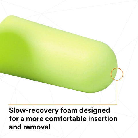 Close-up of an E-A-Rsoft Yellow Neons Disposable Ear Plug, showing slow recovery foam, ideal for work and sleep environments.