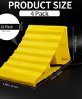 4 Pack Heavy Duty Non Slip Wheel Chocks With Rope For Camper RV Trailer And Trucks Yellow Plastic Wheel Stoppers Block With 16 Anti Slip Pads, Stackable Design For Easy Storage And Maximum Wheel Security shown from a side view with dimensions.
