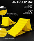 4 Pack Heavy Duty Non Slip Wheel Chocks With Rope For Camper RV Trailer And Trucks Yellow Plastic Wheel Stoppers Block With 16 Anti Slip Pads, Stackable Design For Easy Storage And Maximum Wheel Security shown with close-up of anti-slip pad and rope.
