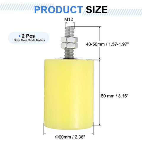 Two Pack Gate Guide Rollers With 60 Mm Diameter And 80 Mm Length Nylon Wheels Featuring Sealed Ball Bearings M12 Thread Universal Gate Support Assembly For Sliding Doors And Gates Yellow with dimensions shown.