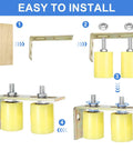 Two Set Gate Guide Roller Assembly With Nylon Ball Bearing Rollers And L Shaped Rear Bracket For Sliding Doors, 1.57 Inch Diameter By 2 Inch Length, Heavy Duty Universal Gate Guider, Yellow shown in installation steps