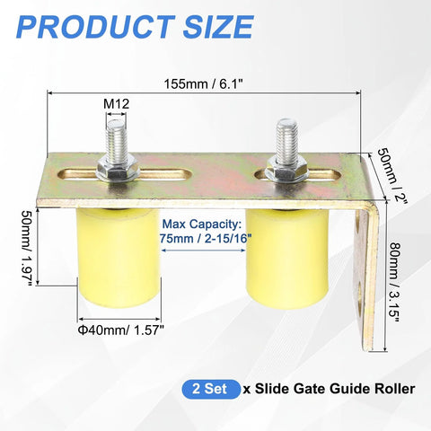 Two Set Gate Guide Roller Assembly With Nylon Ball Bearing Rollers And L Shaped Rear Bracket For Sliding Doors, yellow