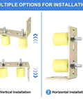Sliding Gate Guide Roller Set With L Shaped Post Bracket, Includes Two Nylon Rollers In Diameter One And Five Eighths Inch And Length Two Inches, Universal Ball Bearing Gate Guider For Sliding Doors, Gate Support Assembly, Yellow, shown with vertical and horizontal installation options.