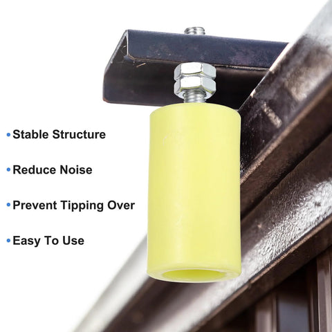 2 Pack Slide Gate Guide Roller Set With 2 Inch Nylon Rollers gate support assembly installed on metal frame, yellow wheel visible.