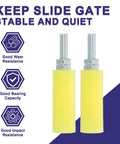Two yellow 4 Pack Slide Gate Guide Rollers With Nylon Wheels, 3 Inch Gate Support Assembly shown with features highlighted.