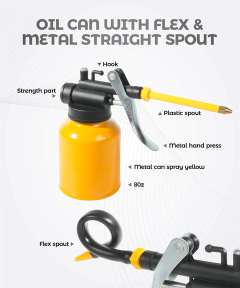 Oil Can Pump Oiler For Automotive Maintenance And Mechanical Repair A Long Flex Spout Squirt Bottle with metal construction.