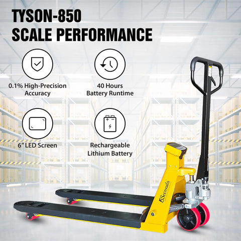 Heavy Duty Pallet Jack With Built In Digital Scale 5500 LB Capacity 27 Inch By 48 Inch Forklift Style Pallet Truck in warehouse