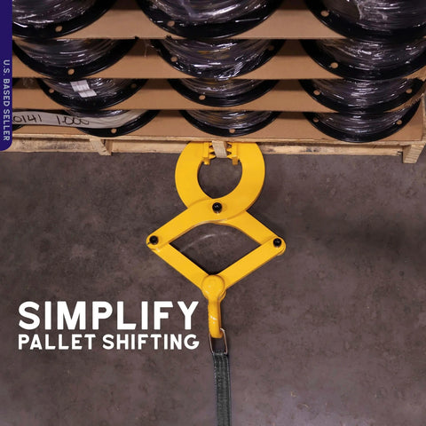 Top view of yellow Beefy Heavy Duty Pallet Puller Clamp With 6000 Lb Capacity attached to a pallet, showing usage on wooden pallet.