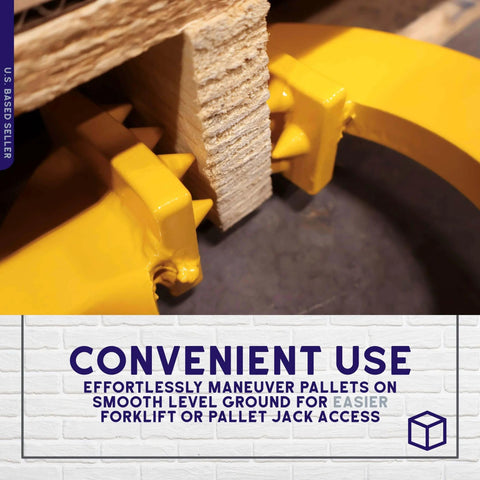 Beefy Heavy Duty Pallet Puller Clamp With 6000 Lb Capacity, shown gripping a wooden pallet, yellow hook visible