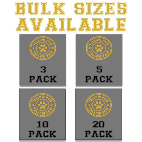 Bulk sizes available graphic with options for 3, 5, 10, and 20 pack featuring Yellow Paw logo.