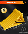 4 Pack Non Slip Wheel Chocks For RVs And Travel Trailers With Rope For Easy Removal Lightweight Plastic Wheel Stoppers displayed with size measurements, yellow color.