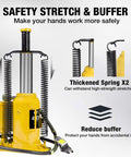 Massive 20 Ton Pneumatic Bottle Jack For Trucks And Autos With Air And Manual Pump, Adjustable Lift From About 10 7/16 In To 20 1/16 In, Heavy Duty Auto Shop Jack By Yellow Jacket with safety stretch and buffer feature.