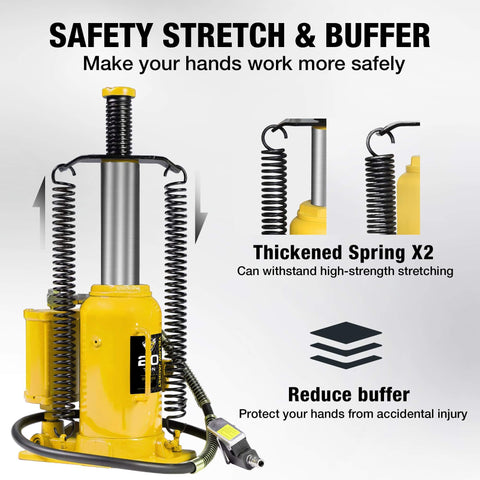 Massive 20 Ton Pneumatic Bottle Jack For Trucks And Autos With Air And Manual Pump, Adjustable Lift From About 10 7/16 In To 20 1/16 In, Heavy Duty Auto Shop Jack By Yellow Jacket with safety stretch and buffer feature.