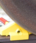 Steel Single Rail Chock With Handle For Keeping Railroad Cars From Moving All Welded Steel Construction Bright Yellow Finish