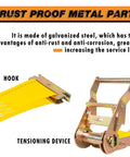Heavy Duty Wheel Chock Tie Down Kit With 4,500 Lb Break Strength For ATVs UTVs Lawn Mowers showing metal hook and tensioning device