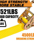 Close-up of Heavy Duty Wheel Chock Tie Down Kit With 4,500 Lb Break Strength featuring yellow ratchet strap and metal buckle.