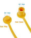 Close-up of yellow 4 Pack 16mm Quick Connect Dust Cap And Plug Set For Propane And Natural Gas Lines, showing dimensions.