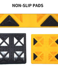 Close-up of anti-slip pads and interlocking design for RV Camper Leveling Blocks Set With Anti Slip Pads Interlocking Design 10 Pack Includes One Wheel Chock Ramps And Carrying Bag For Travel Trailer Yellow Heavy Duty Stabilizers For Campsites.
