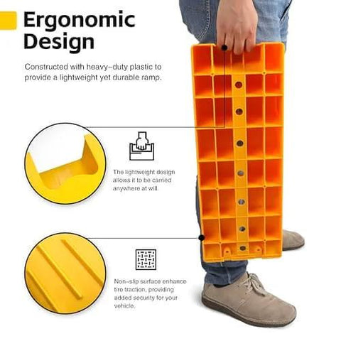 Person holding bright yellow Three Step RV Leveling Ramps Set Of Two for Camper and Trailer in vertical position
