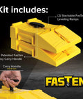 FasTen Premium RV Leveling Ramp Set with Handle and Nesting Ramps for Easy Storage, shown in stacked position with handle.