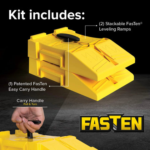 FasTen Premium RV Leveling Ramp Set with Handle and Nesting Ramps for Easy Storage, shown in stacked position with handle.