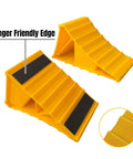Heavy Duty Wheel Chocks For Travel Trailers And RVs Yellow 4 Pack Non Slip Lightweight Two Wheel Stopper Set, close-up view