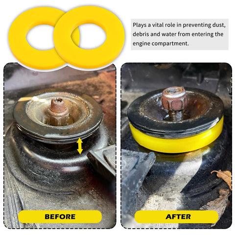 Before and after installation of 2 Pack Silencer Shock Bushings For Shock Absorption And Noise Reduction on car suspension