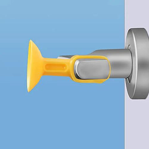 Silicone Door Handle Wall Protector Silencer Cushion Anti Collision Stopper for doors, yellow silicone on metal handle attached to wall.
