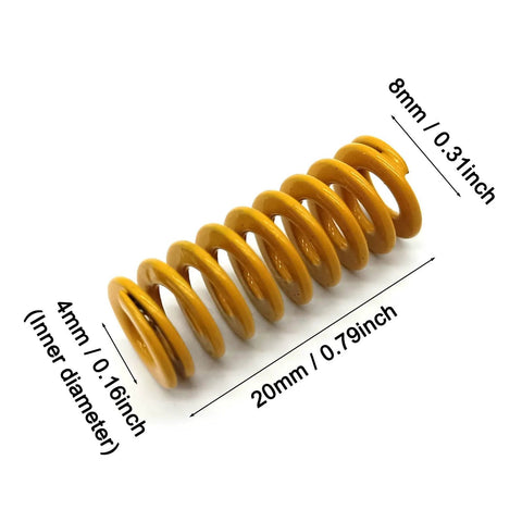 Yellow steel spring from Eight Pack Heated Bed Leveling Springs For Ender 3 Series 3D Printers showing dimensions and details.