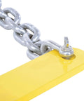 Close-up of Heavy Duty Double Scissor Pallet Puller For Easy Pallet Moving, showing steel chain and yellow finish, 4 Inch Jaw Opening, 5000 Lb Capacity.
